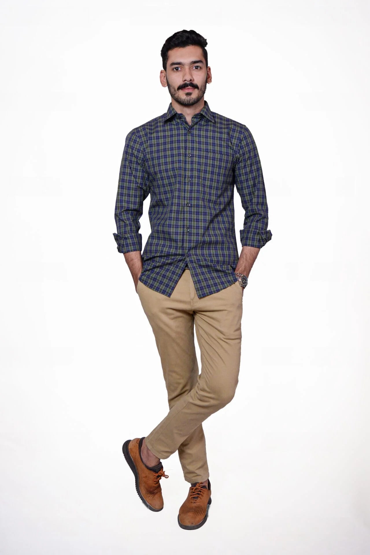 Firdous Blue & Green Check Menβs Formal Shirt Cotton